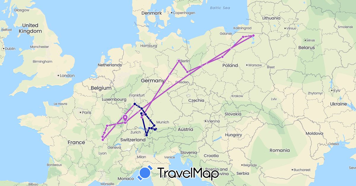TravelMap itinerary: driving, train in Austria, Germany, France, Poland (Europe)
